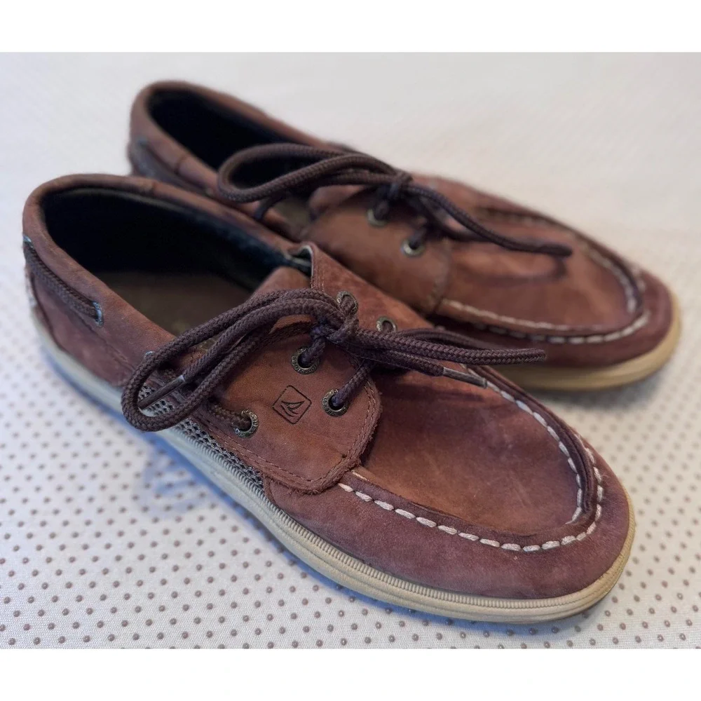 Sperry Intrepid Boys Top-Sider Billfish Boat Shoes Brown Leather Mesh Loafer 3.5